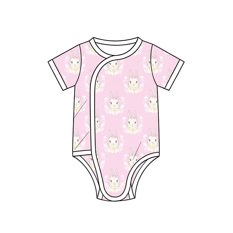 Preorder (moq 5) Baby Girl Clothes Pink Watercolor Bunny Floral Mixed Print Short Sleeve Side Snap Baby Bodysuit