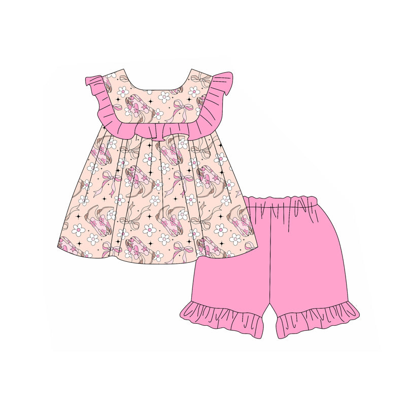 Preorder moq 5 Baby Girls Sleeveless Boots Floral Tunic Pink Ruffle Short Set