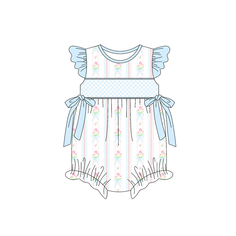 Preorder(moq 5)Baby Infant Girls Blue Flutter Sleeves Floral Stripe Bows Ruffle Rompers