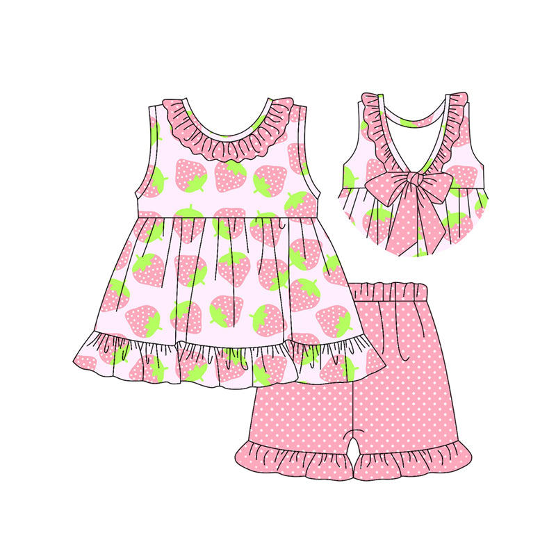 Preorder (moq 5)Baby Girls Pink Polka Dots Strawberry Round Collar Tunic Ruffle Shorts Clothes Sets