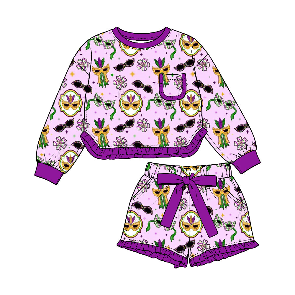 Preorder (moq5) Baby Girls Flowers Masks Pocket Top Ruffle Bow Short Mardigras Set