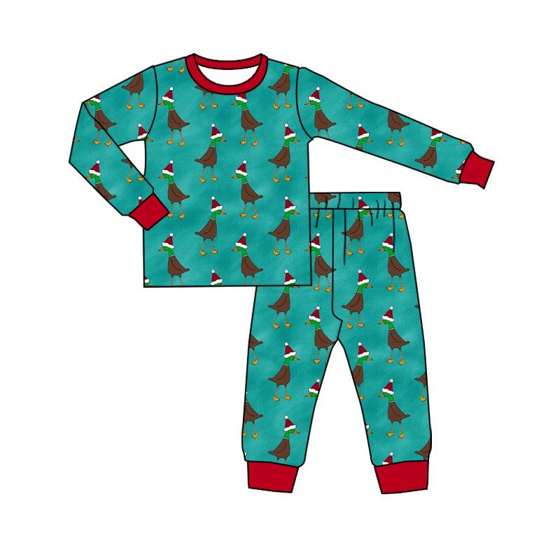 Preorder (moq 5)Baby Boys Long Sleeves Dark Green Hats Ducks Top Pant Pajamas Set