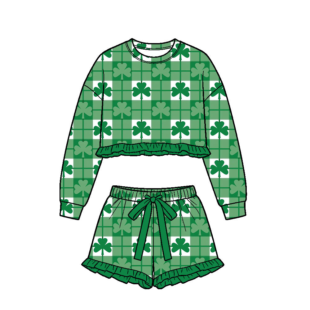 Preorder (moq5) Baby Girls Clovers Checked Long Sleeve Top Ruffle Short St Patrick Clothes Set
