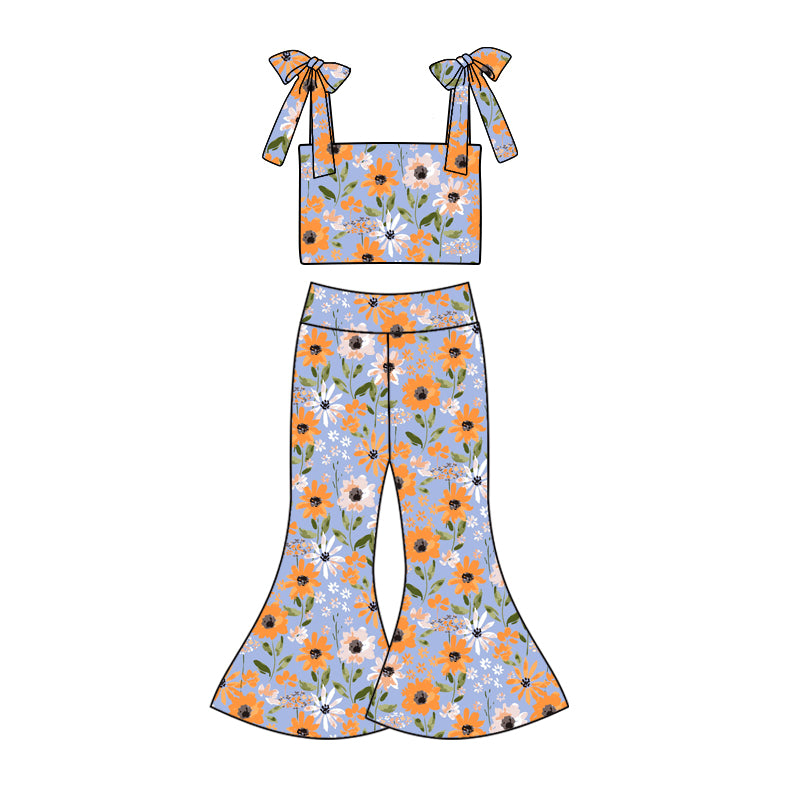 Preorder (moq 5)Baby Girls Orange Flowers Straps Top Bell Pants Clothes Sets