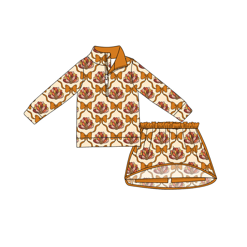 Preorder (moq 5)Baby Girls Turkey Bows Checked Zip Pullovers Top Skirt Short Thanksgiving Clothes Set