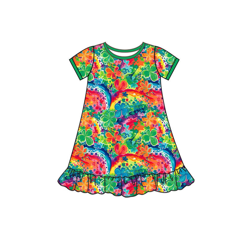 Preorder(moq 5) Baby Girls Short Sleeve Colorful Clovers Flowers St Patrick Ruffle Knee Length Dress
