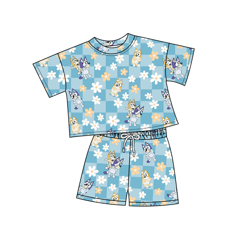 Preorder (moq 5)Baby Girls Blue Checkered Flowers Dogs Top Shorts Clothes Sets