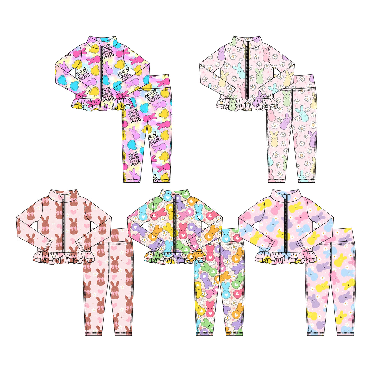 Preorder (moq 5) Baby Girl Clothes Easter Heart Peeps Bunny Daisy Print Zip Up Ruffle Top Legging Set