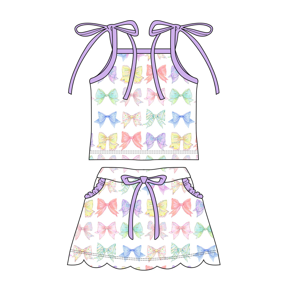 Preorder moq 5 Baby Girls Strap Colorful Floral Bows Top Pockets Scallop Skirt Short Clothes Sets