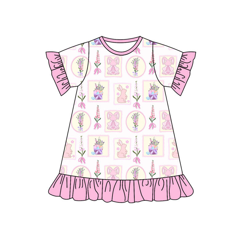 Preorder (moq 5)Baby Girls Flowers Rabbits Checked Easter Ruffle Knee Length Dresses