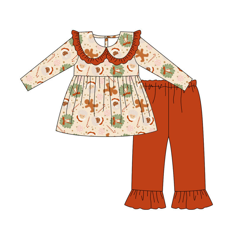 Preorder (moq 5)Baby Girls Long Sleeves Santa Candy Cane Plaid Tunic Ruffle Pants Set