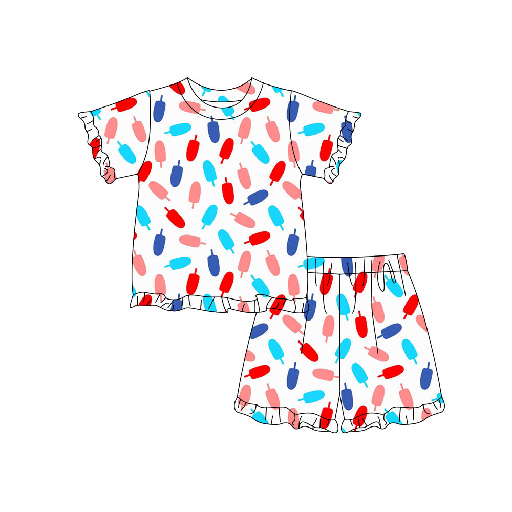 Preorder (moq 5)Baby Girls Colorful Popsicle Top Ruffle Short 4th of July Clothes Sets