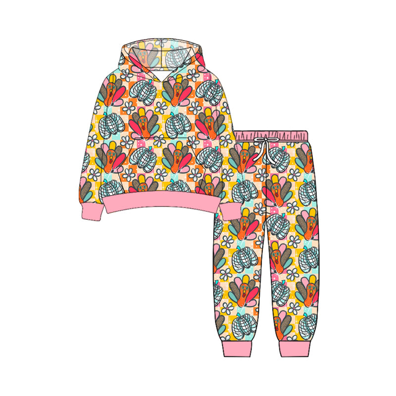 Preorder (moq 5)Baby Girls Long Sleeves Pink Plaid Flowers Turkey Pockets Hoodie Pant Clothes Set