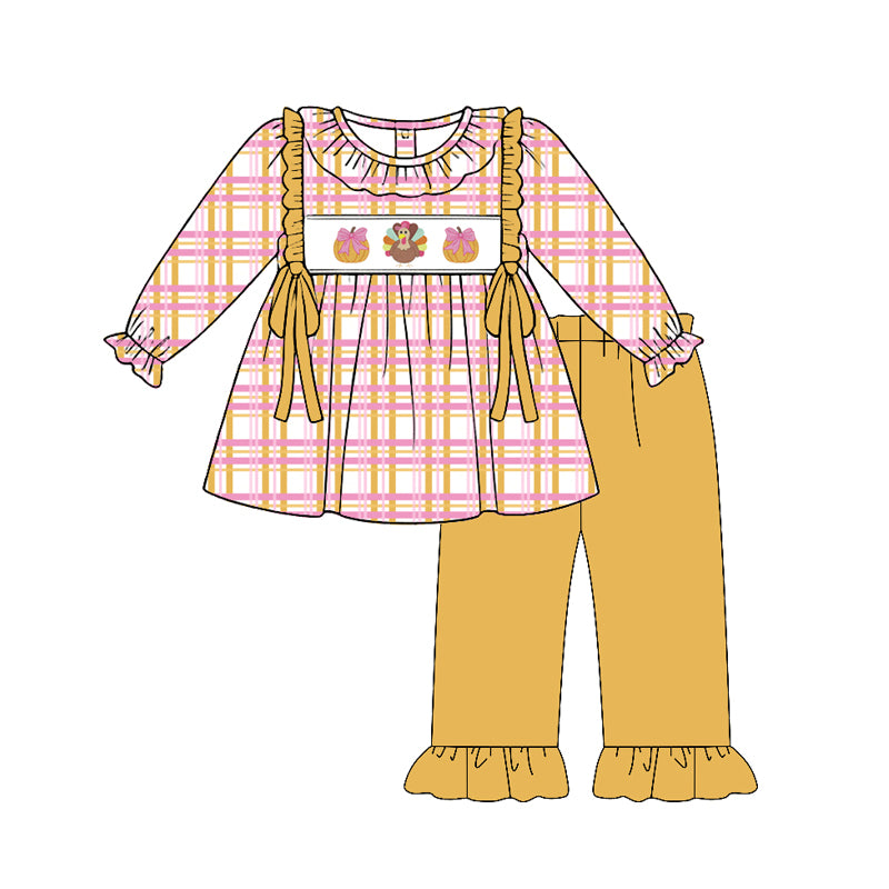 Preorder (moq 5)Baby Girls Pumpkins Turkey Checked Tunic Ruffle Pant Thanksgiving Clothes Sets