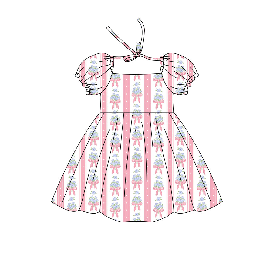 Preorder (moq 5)Baby Girls Short Ruffle Sleeve Flowers Bows Stripe Knee Length Dresses