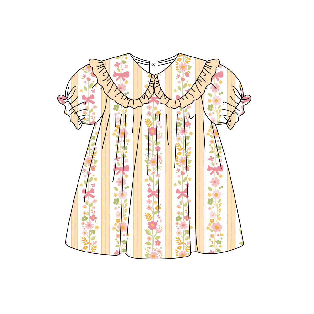 Preorder (moq 5)Baby Girls Flowers Bows Stripe Collar Knee Length Dresses