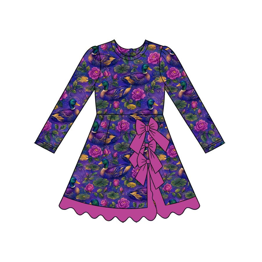Preorder (moq 5) Baby Girl Purple Duck Rose Floral Print Long Sleeve Bow Back Scallop Hem Dress