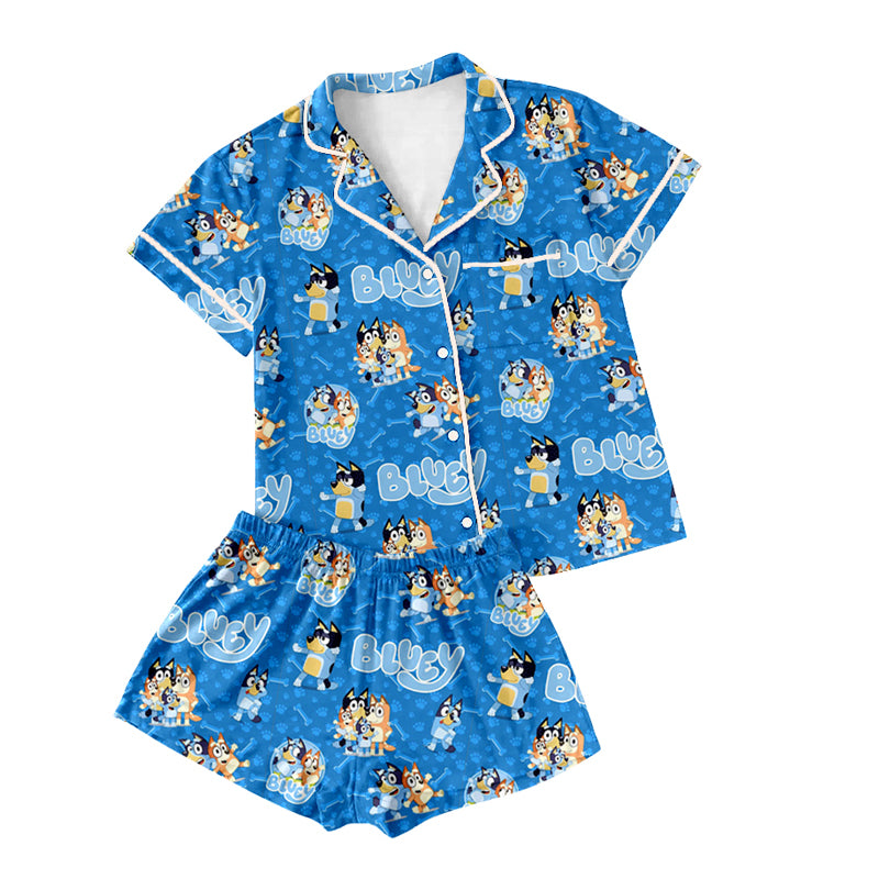 Preorder(moq 5)Adult Women Hot Blue Cartoon Dogs Paws Buttons Pocket Tee Shirts Shorts Pajamas Sets
