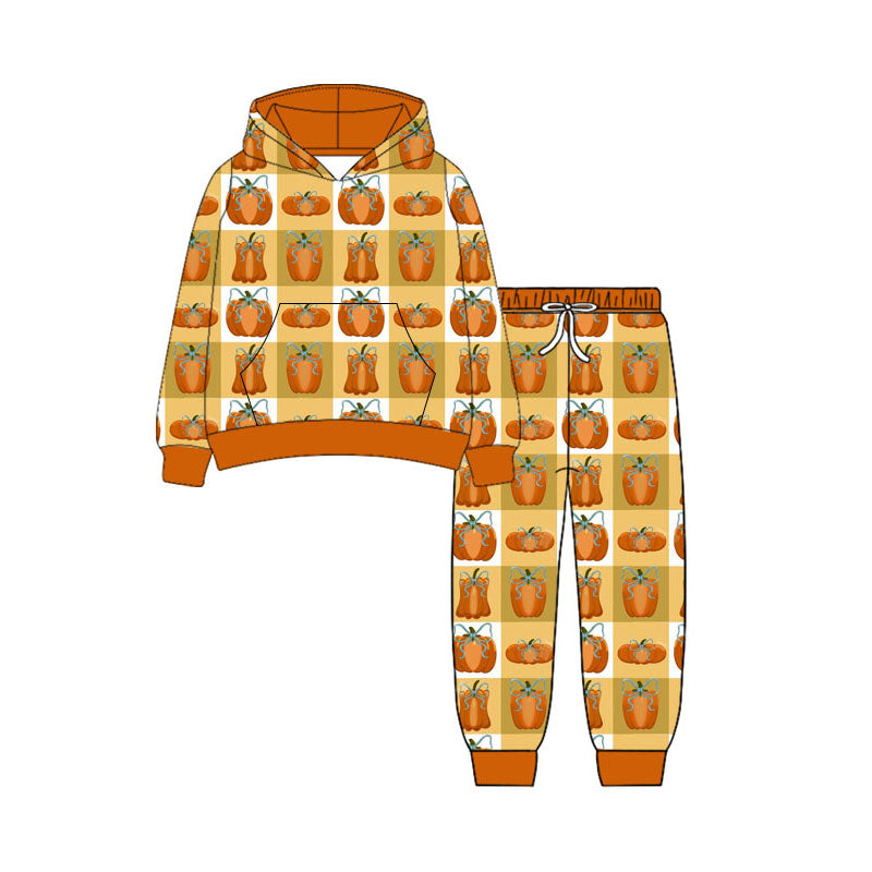 Preorder (moq 5)Baby Girls Long Sleeve Bow Pumpkins Checked Pocket Hoodie Jogger Fall Sets