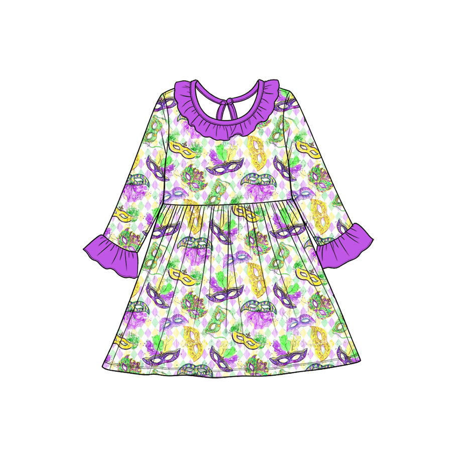 Preorder(moq5) Baby Girl Clothes Mardi Gras Diamond Mask Print Long Sleeve Purple Ruffle Collar Dress
