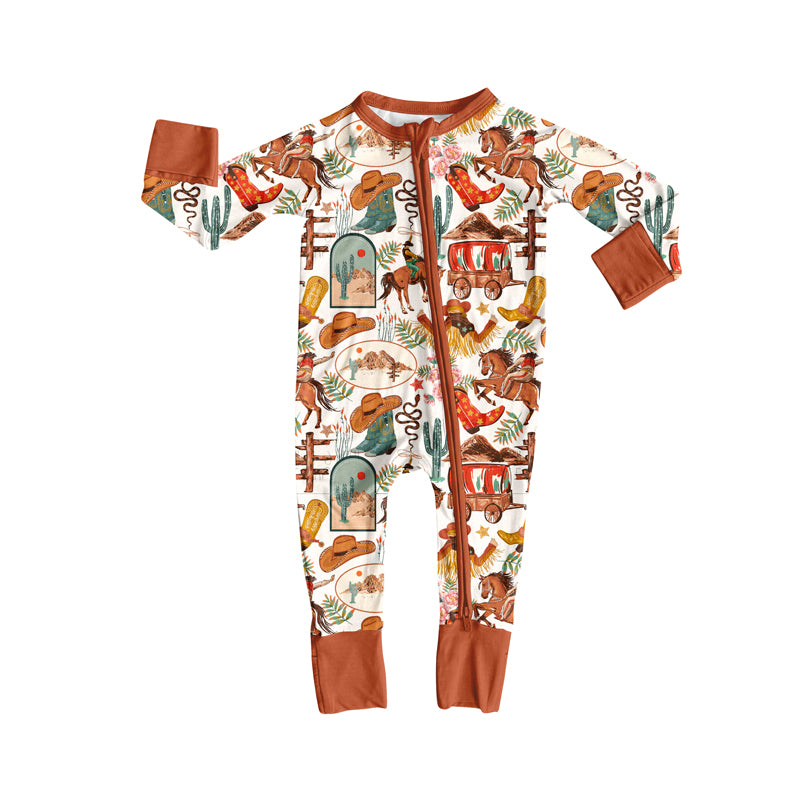 Preorder moq 5 Baby Infant Boys Long Sleeves Horse Rodeos Cactus Plaid Zipper Romper