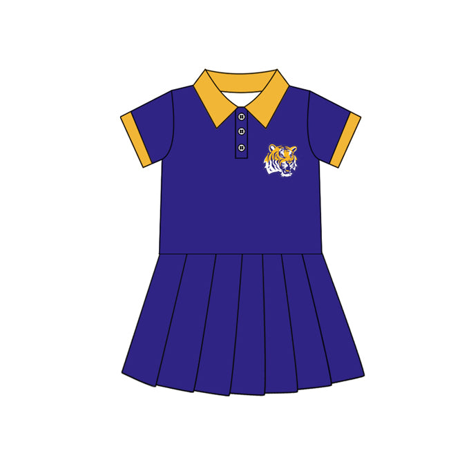 Preorder (moq 5)Baby Girls Purple Short Sleeves Button Tigers Team Shorts Knee Length Dresses
