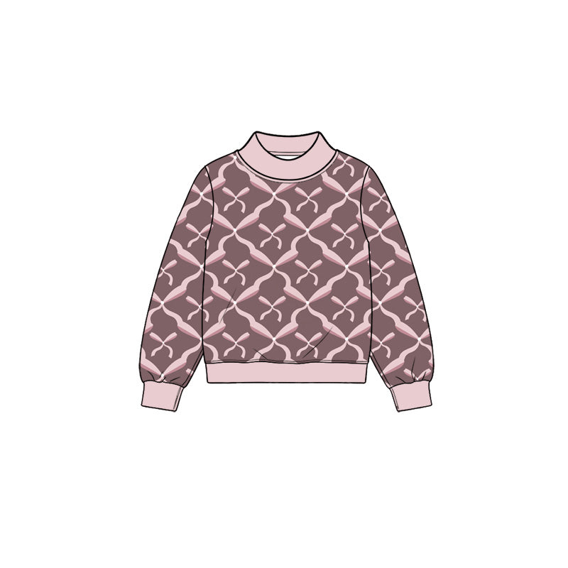 Preorder (moq 5) Baby Girl Clothes Pink Bow Lattice Geometric Print Long Sleeve Mock Neck Sweatshirt