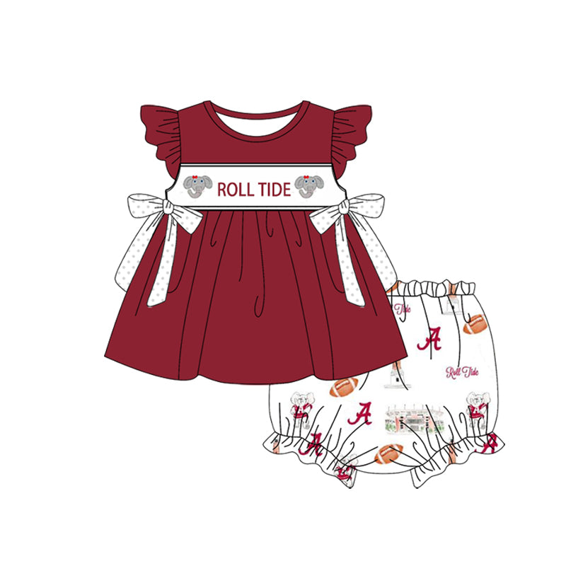 Preorder(moq 5) Baby Girls Roll Tide Team Bows Tunic Top Bummie Sets
