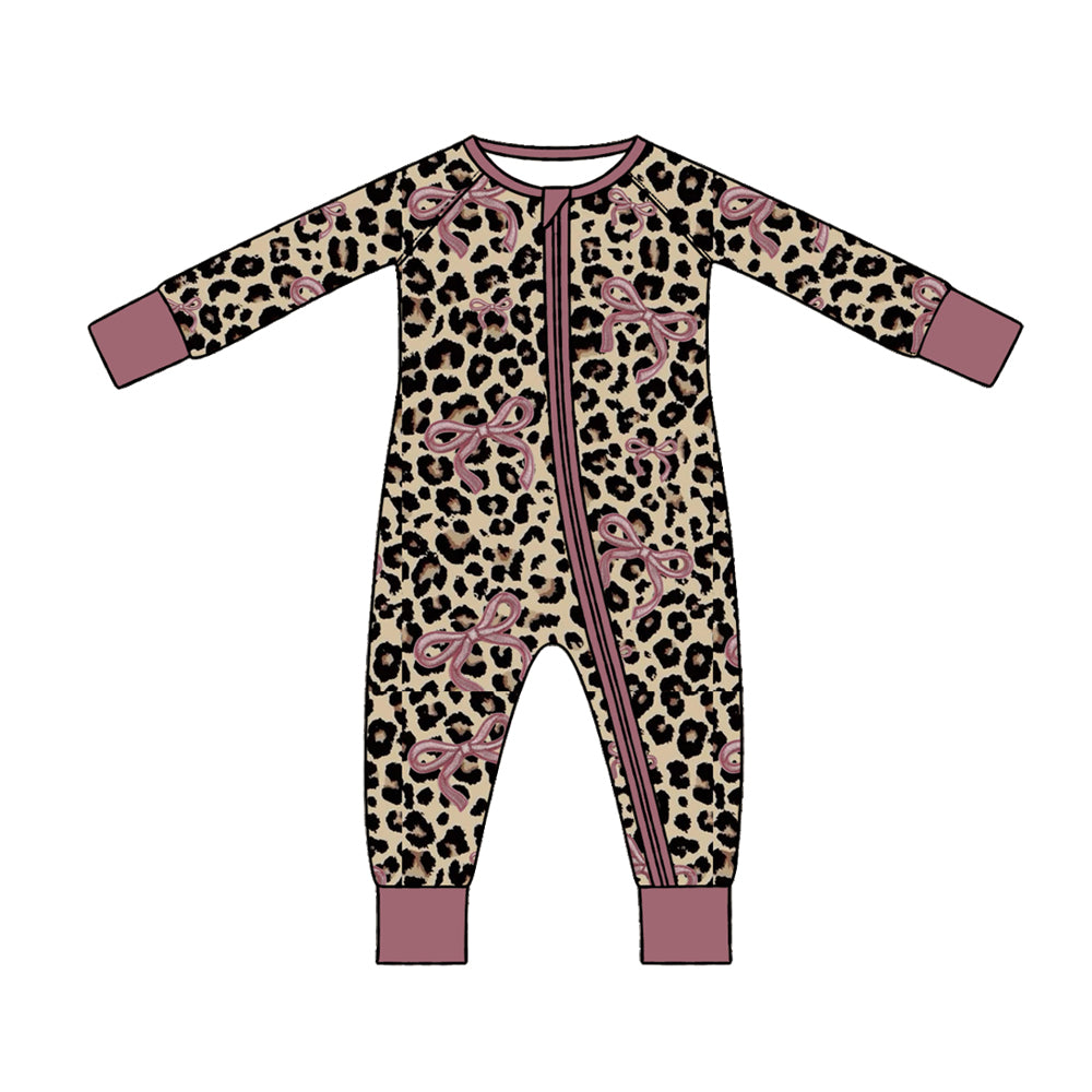Preorder (moq 5) Baby Girl Clothes Classic Leopard Pink Bow Print Long Sleeve Zipper Romper