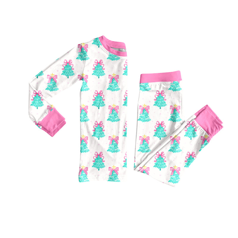 Preorder (moq 5)Baby Girls Long Sleeves Bows Trees Plaid Top Pant Pajamas Sets