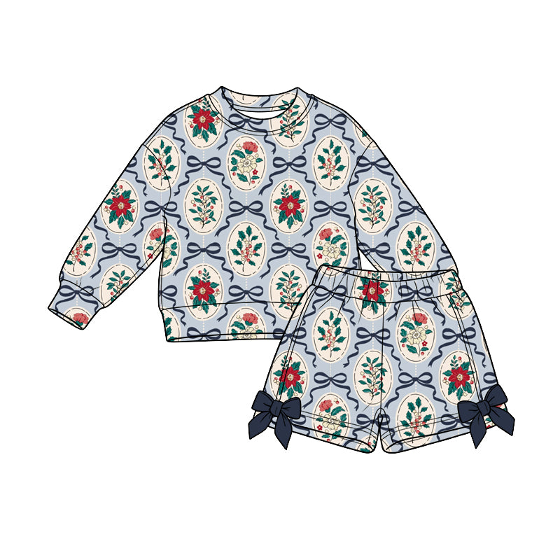 Preorder (moq 5) Baby Girl Clothes Christmas Floral Bow Frame Print Long Sleeve Top Bow Shorts Outfit Set