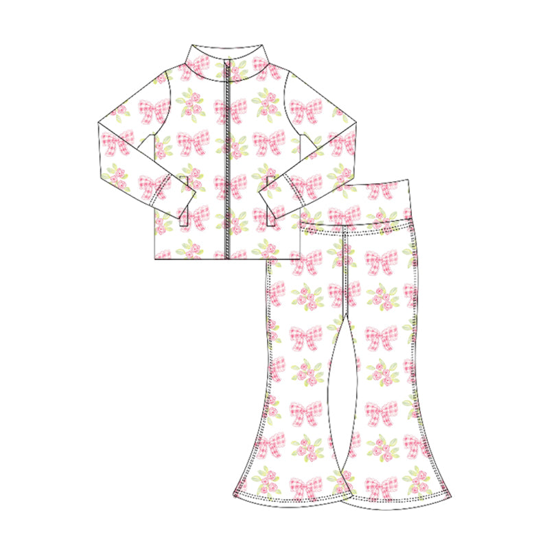 Preorder (moq 5)Baby Girls Pink Plaid Bows Flowers Zipper Pockets Jackets Bell Bottom Pant Set