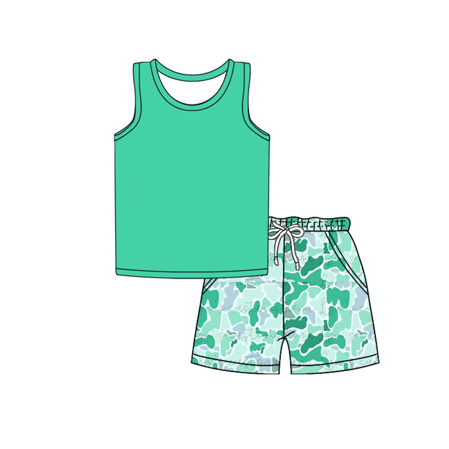 Preorder moq 5 Baby Boys Sleeveless Vest Top Green Camo Pockets Short Set