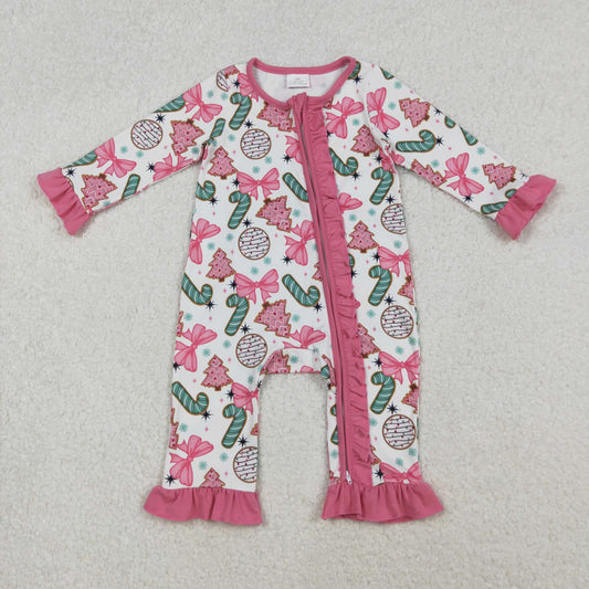 Baby Girls Candy Cane Trees Christmas Ruffle Zipper Footie Rompers