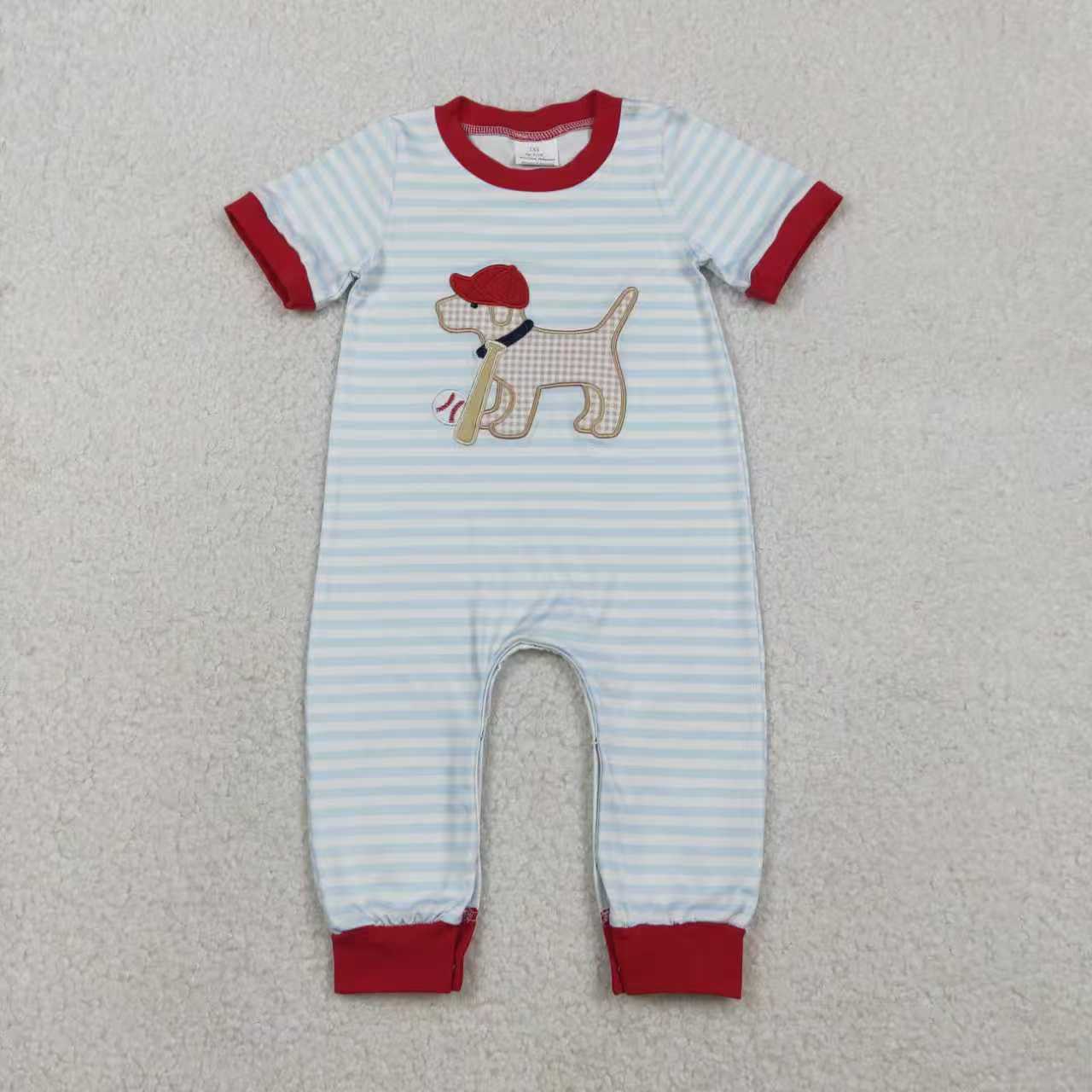 Sibling Baby Boys Embroidery Baseball Dogs Stripe Pockets Pants Team Set Footie Rompers
