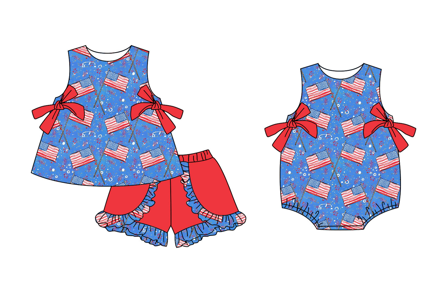 Preorder moq 5 Custom Baby Girls Sleeveless Blue Flags Red Bows Tunic Ruffle Short 4th Of July Set Rompers