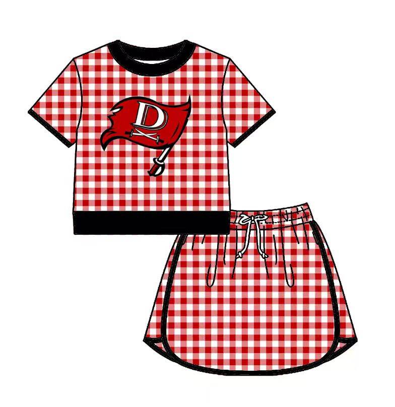 Preorder (moq 5)Baby Girls Red Checked Deweyville Top Skirt Short Team Clothes Set