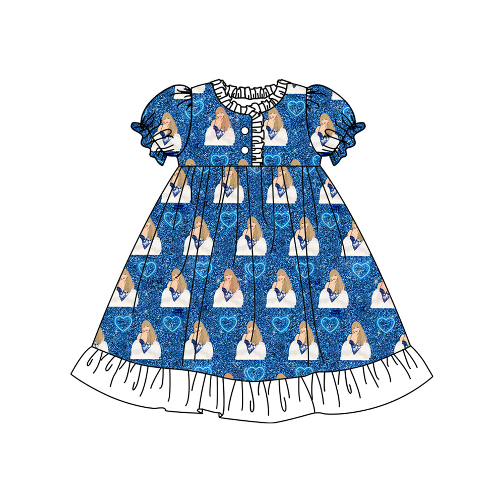 Preorder (moq 5)Baby Girls Blue Singer Ruffle Knee Length Gowns Dresses