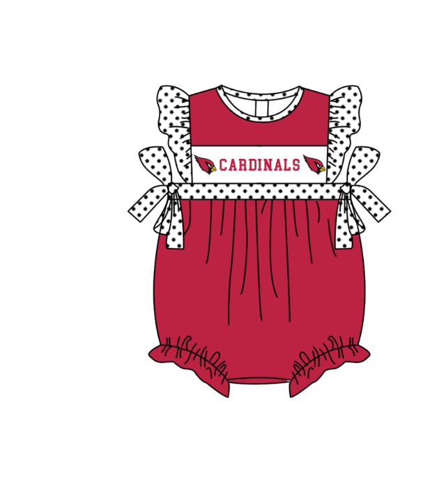 Preorder (moq 5)Baby Girls Polka Dots Flutter Sleeve Cardinals Team Ruffle Rompers