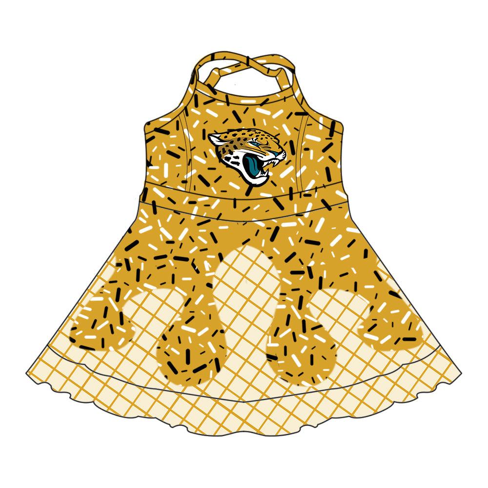 Preorder (moq 5)Baby Girls Jaguars Gold Drip Sprinkles Team Shorts Ruffle Knee Length Dress