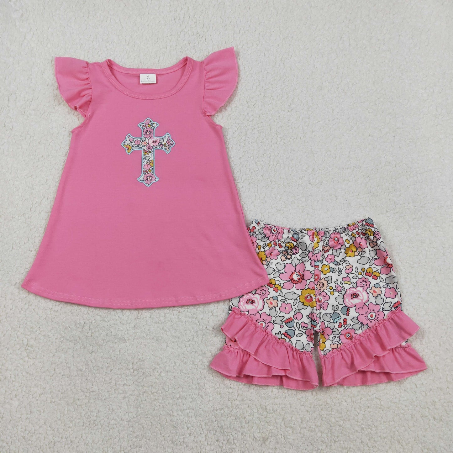 Embroidery Floral Crosses Baby Girls Tunic Ruffle Shorts Easter Clothes Sets