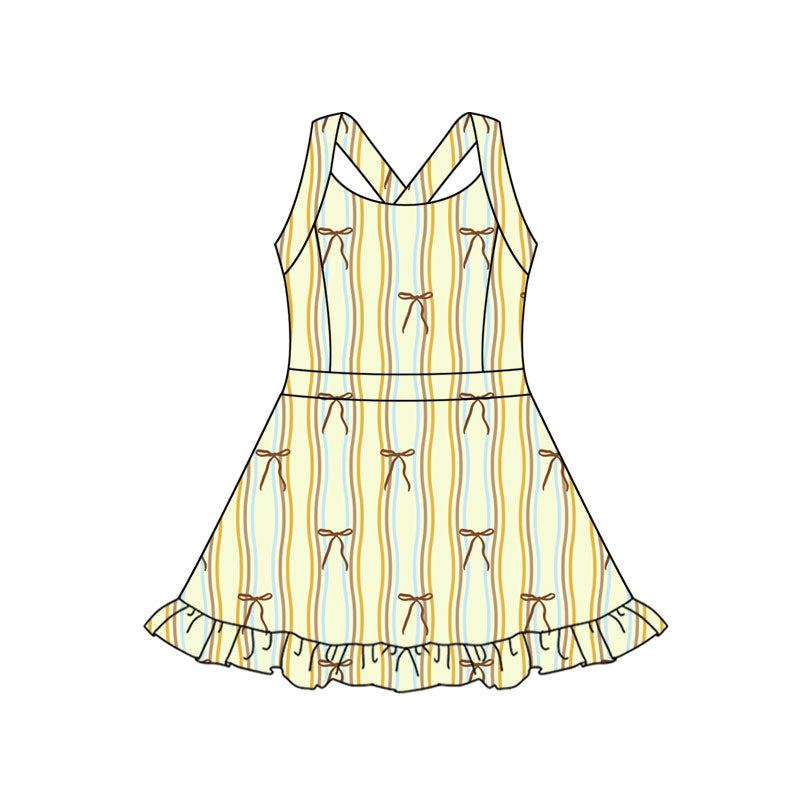 Preorder(moq 5) Baby Girls Yellow Stripe Bows Ruffle Shorts Knee Length Dresses
