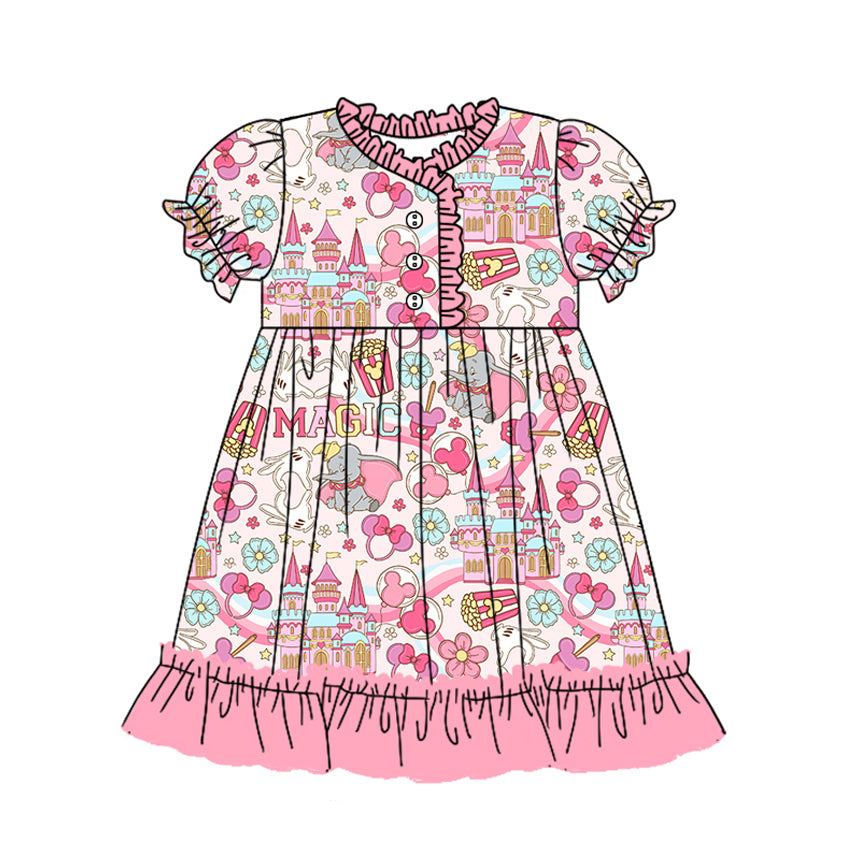 Preorder (moq 5)Baby Girls Cartoon Castle Flowers Ruffle Knee Length Gowns Dresses