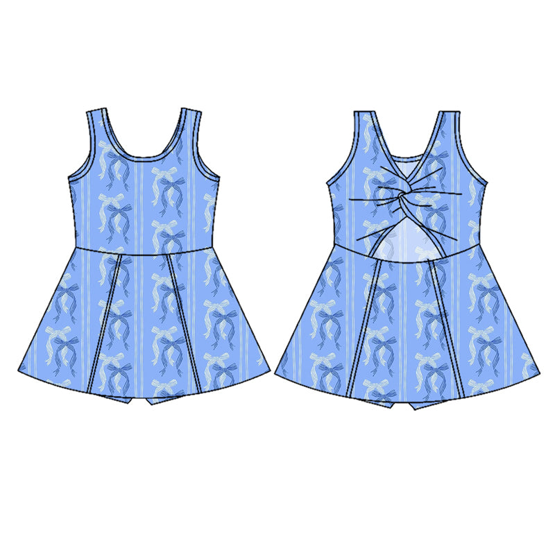 Preorder (moq 5)Baby Girls Hot Blue Sleeveless Bows Stripe Yoga Active Skort Dress