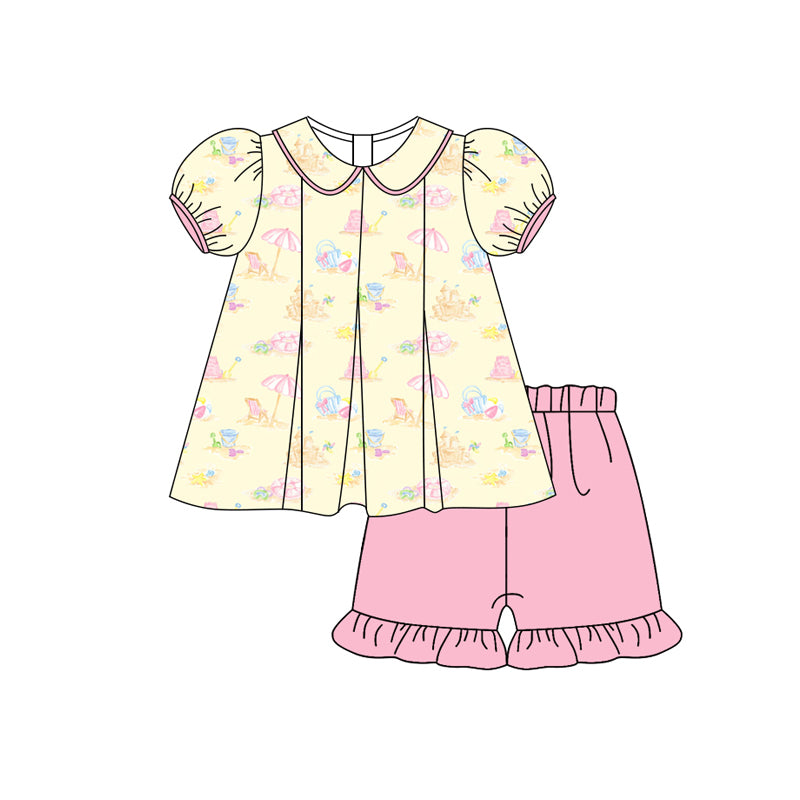 Preorder (moq 5)Baby Girls Short Ruffle Sleeves Beach Tunic Pink Short Set Preorder