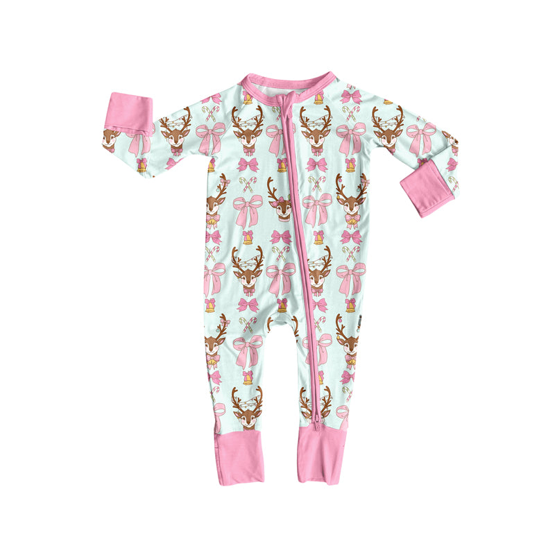 Preorder (moq 5)Baby Girls Long Sleeves Pink Bows Deer Candy Cane Plaid Zipper Romper