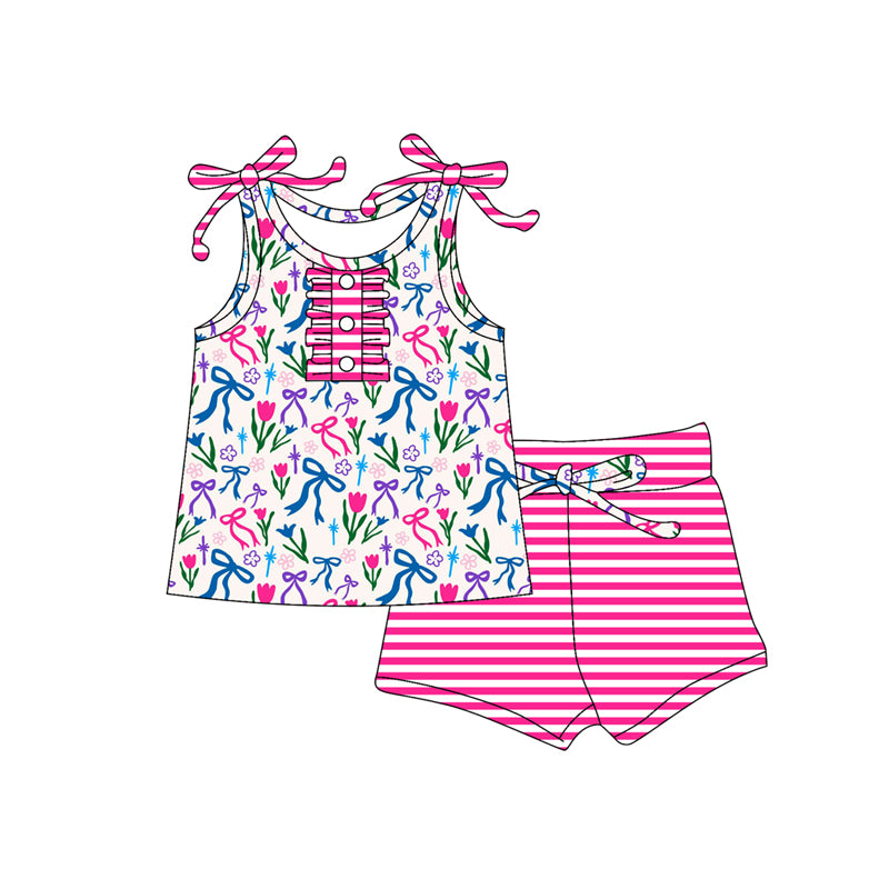 Preorder (moq 5)Baby Girls Pink Strap Button Colorful Bows Flowers Tunic Stripe Short Set