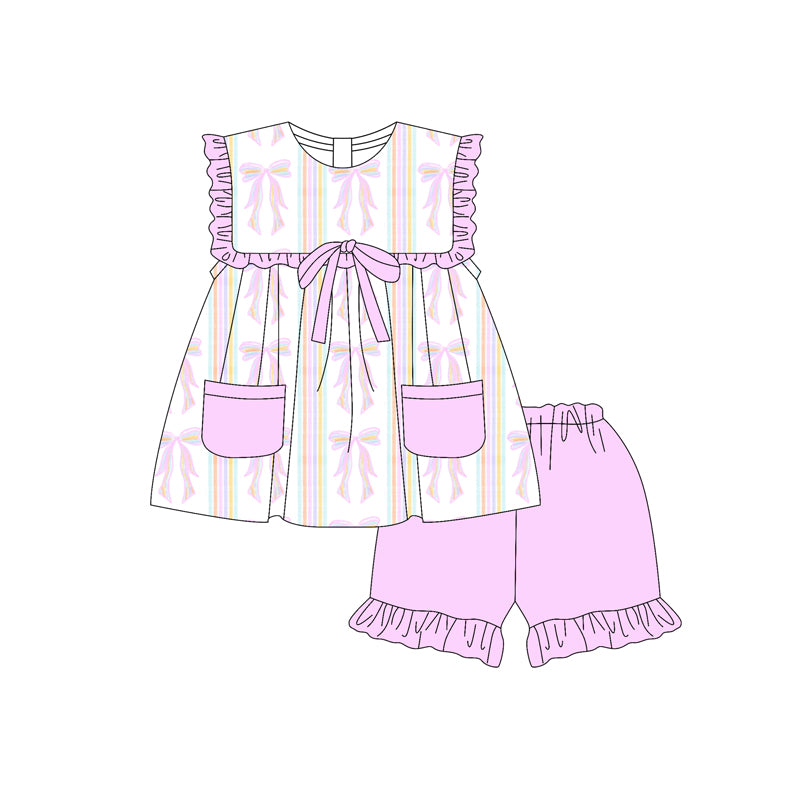 Preorder moq 5 Baby Girls Sleeveless Lavender Bows Pockets Tunic Ruffle Short Set