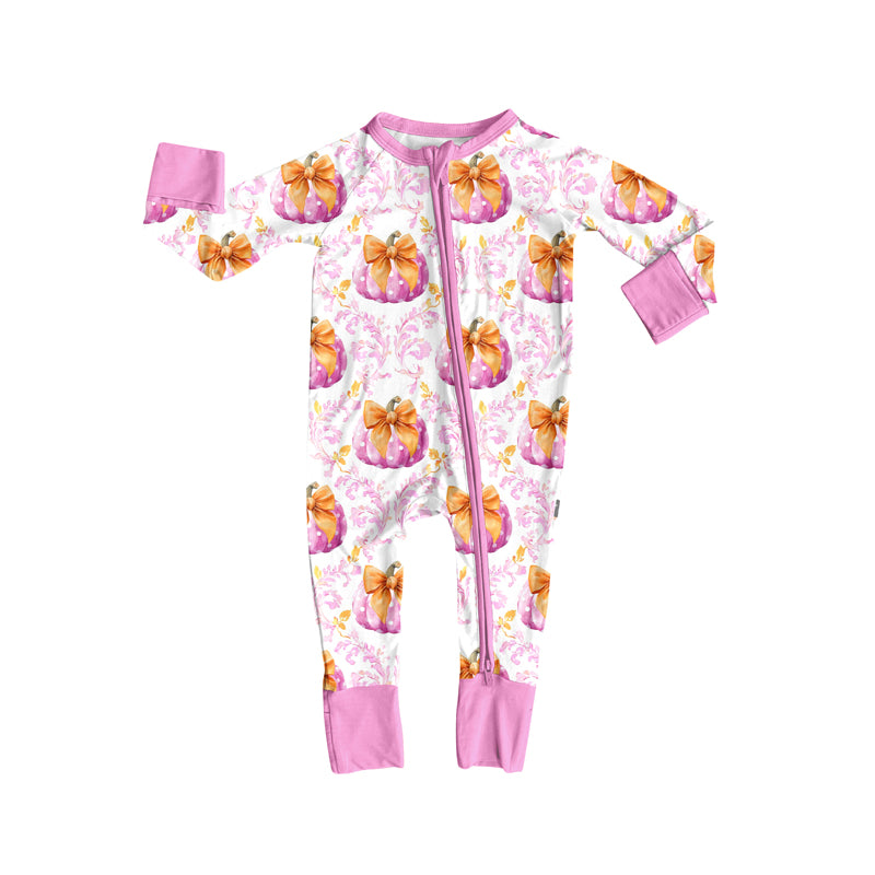 Preorder (moq 5)Baby Girls Long Sleeves Pink Floral Bows Pumpkins Plaid Zipper Pant Rompers