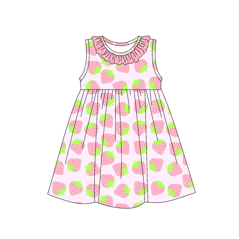 Preorder (moq 5)Baby Girls Sleeveless Polka Dots Strawberry Round Collar Knee Length Dresses